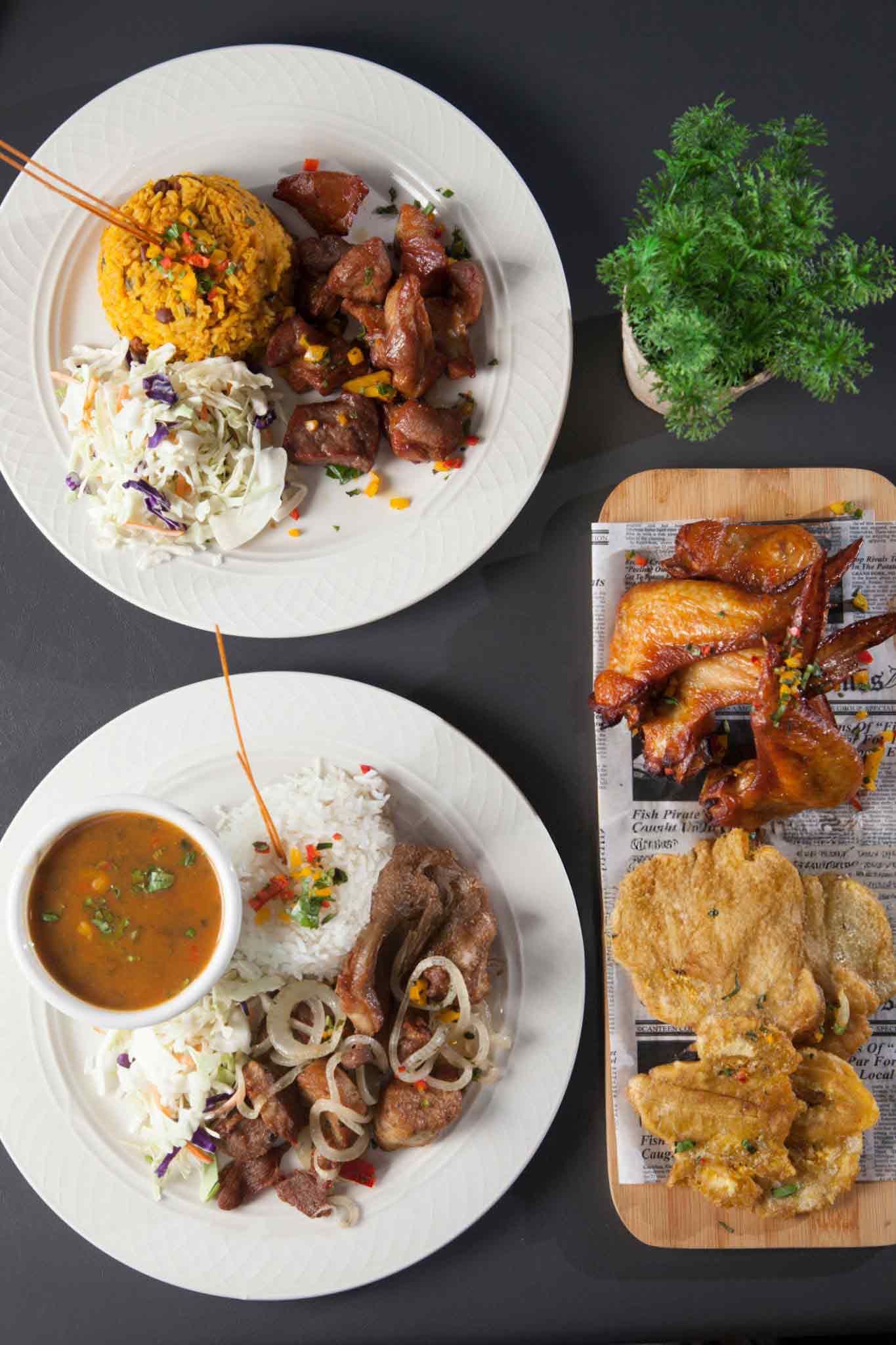 Puerto Rican dishes including rice, beans and fried plantains